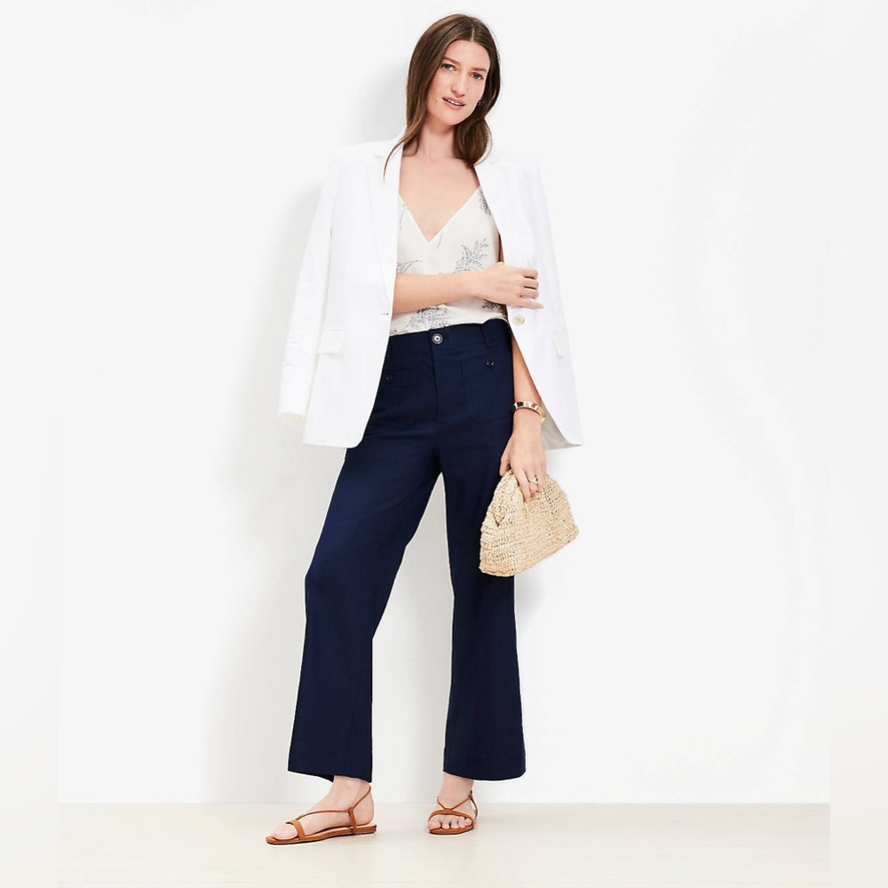 Loft The Palmer Wide Leg Crop Pants Linen Blend Women 8P Navy